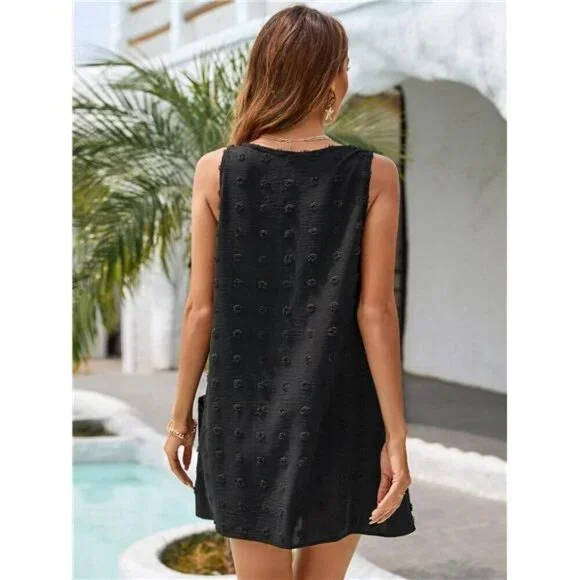 Womens Swiss Polka Dot V Neck Tank Dress Beach Cover Up Pockets Summer Casual - Picture 2 of 6